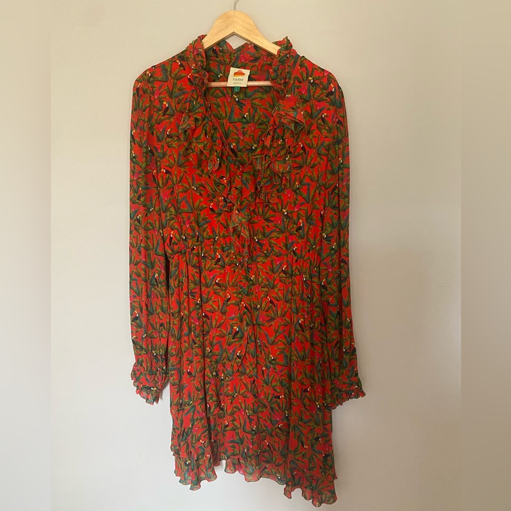 Farm Rio Tucano Paradise Red Long Sleeve Dress Size Large
